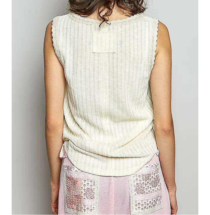 Round Neck Sleeveless Trim Neck Solid Textured Rib Knit Top - Brazos Avenue Market