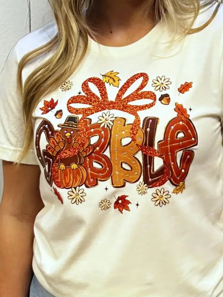 Gobble Bow Blingy Rhinestone Graphic Thanksgiving Tee
