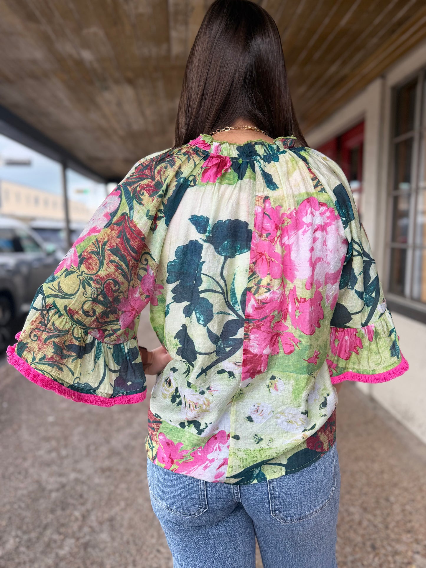 Tassel Front Fringe Sleeve Floral Top