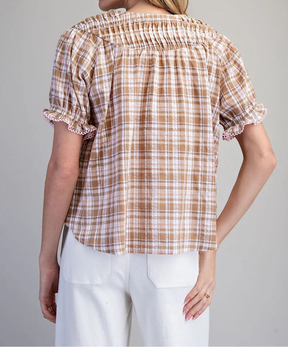 Plaid Button Down Puff Sleeve Blouse