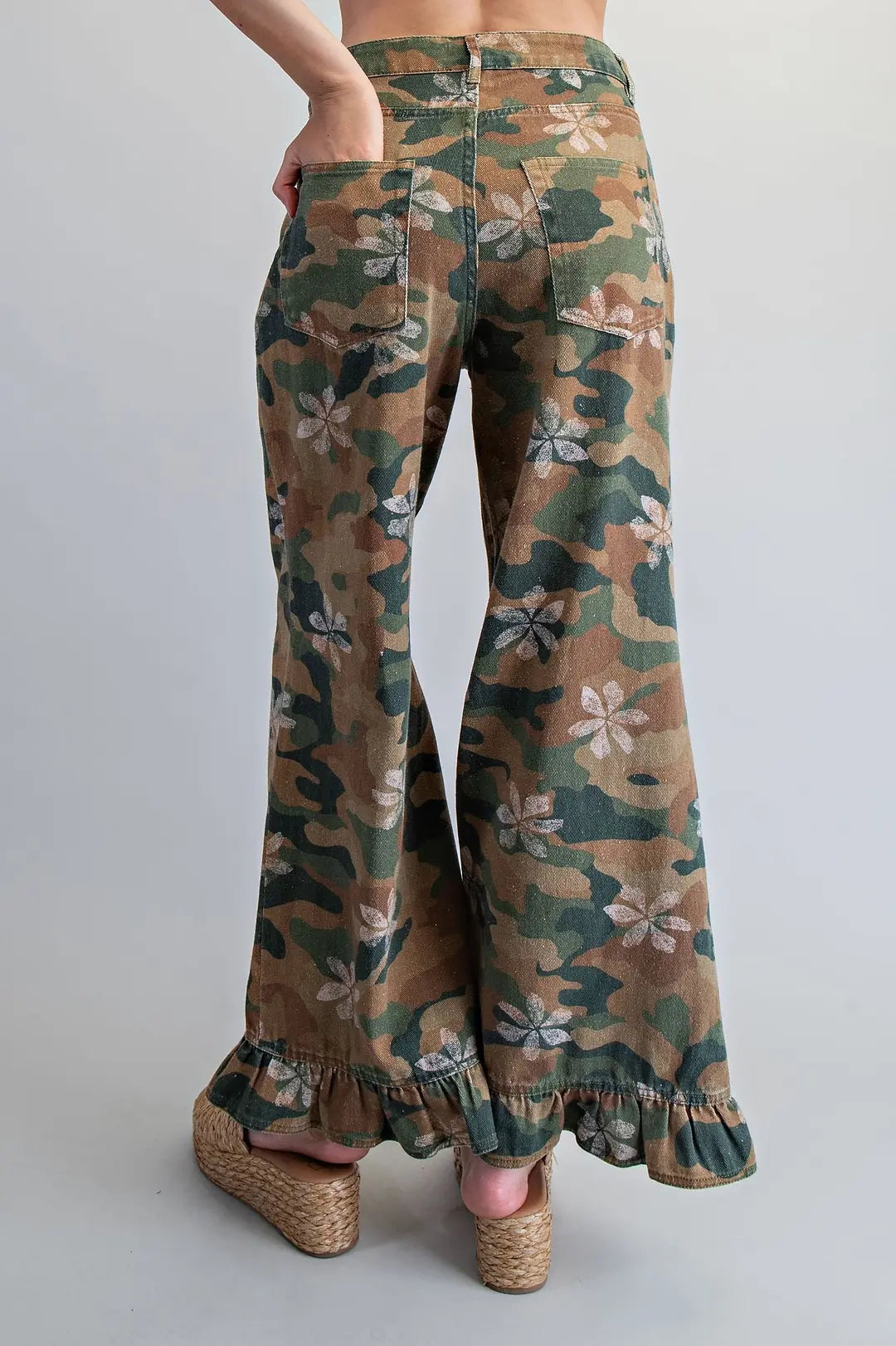Bleach Washed Camo Ruffled Hem Pants