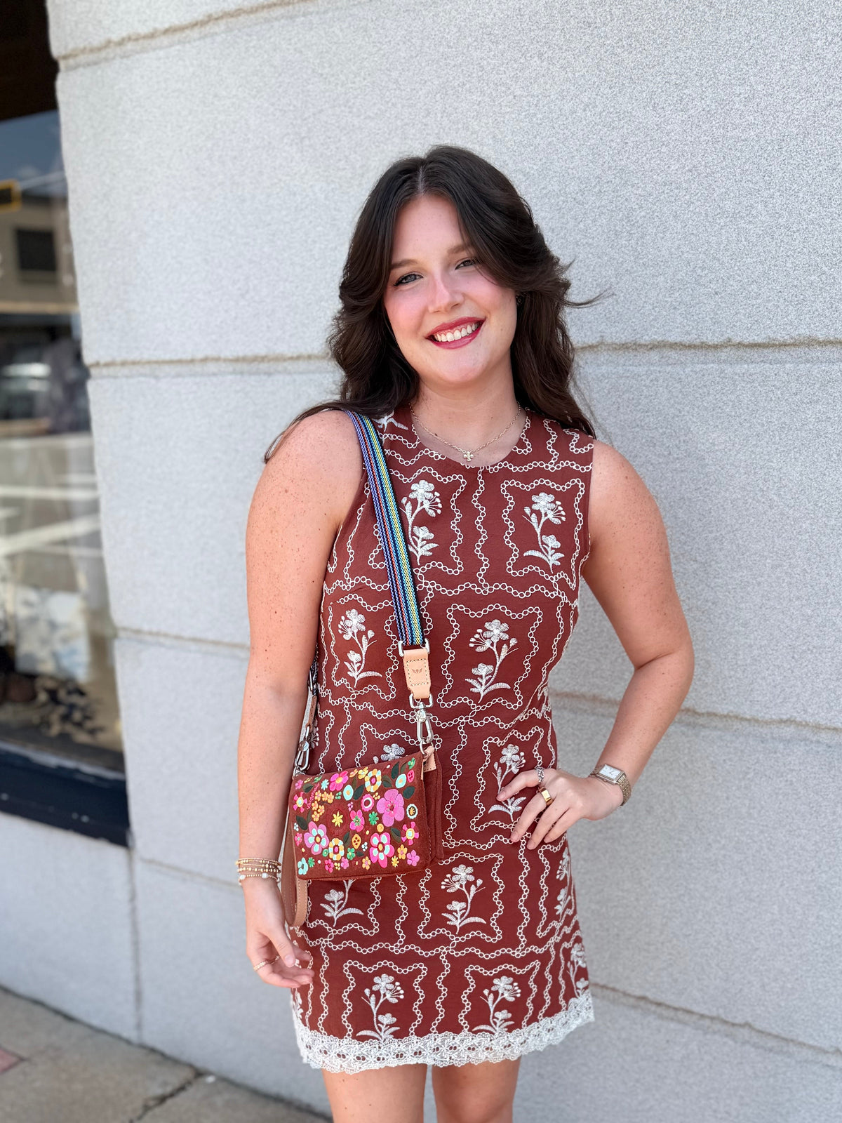 Brown Mini Dress With Embroidery