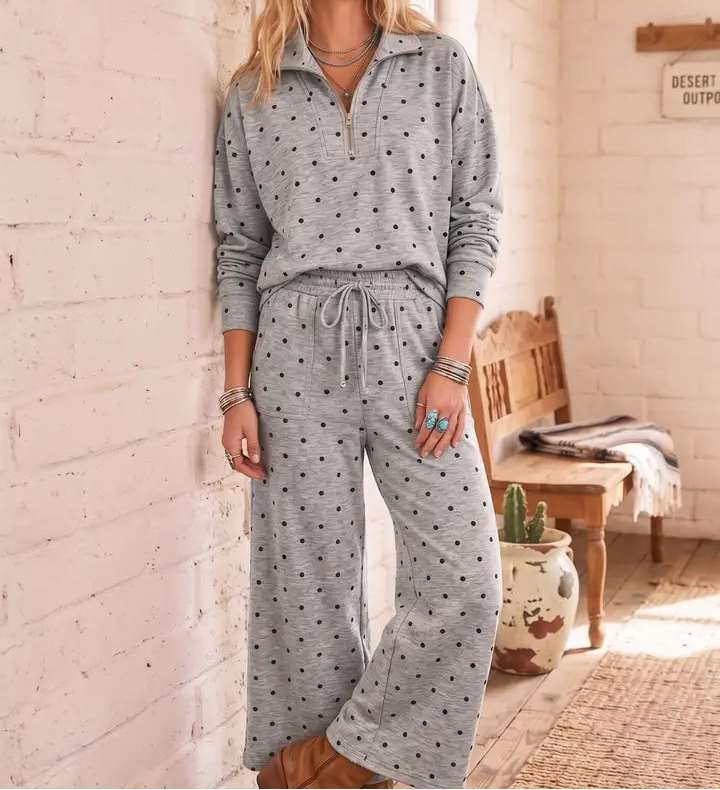 Polka Dot Half Zip Pullover & Wide Leg Pants Set