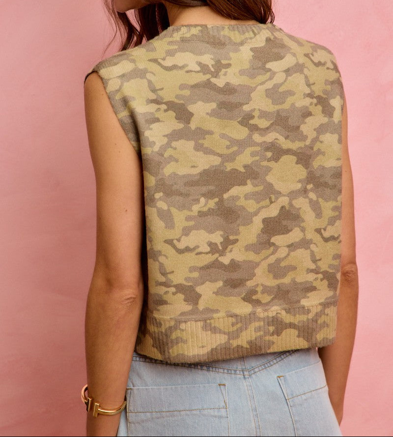 Camouflage Print Button Down Sweater Vest Top