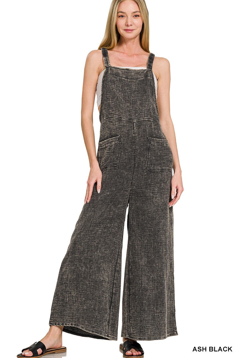 Double Gauze Elastic Waist Wide Overalls - Brazos Avenue Market