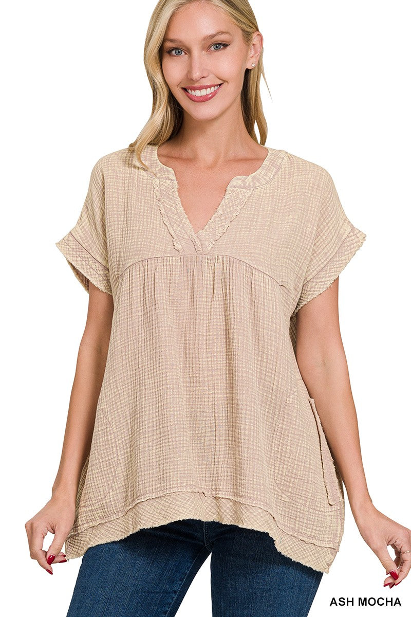 Washed Raw Edge Short Sleeve Top - Brazos Avenue Market