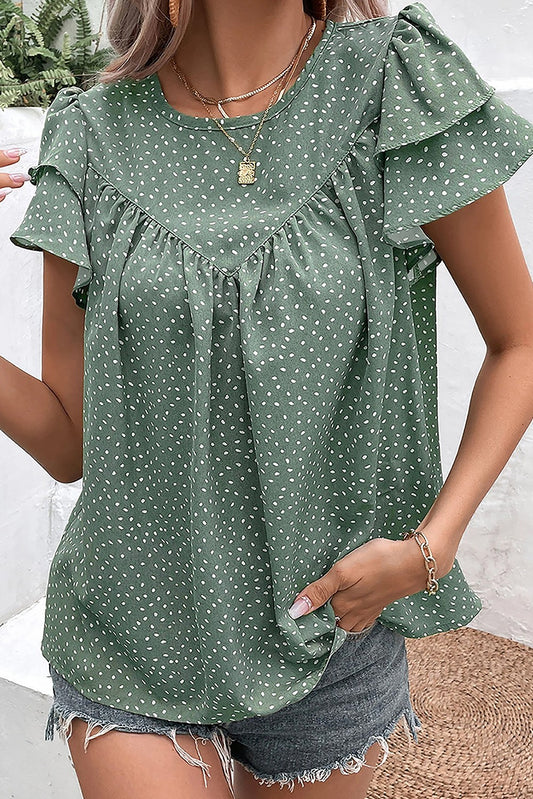 Dotted Ruffle Sleeve Crew Neck Ruched Blouse - Brazos Avenue Market 