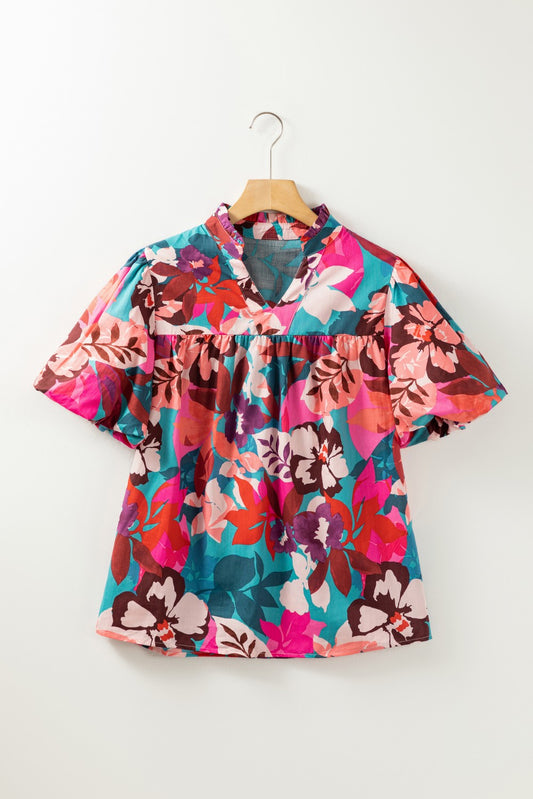 Floral Print Puff Sleeve Notched V Neck Blouse