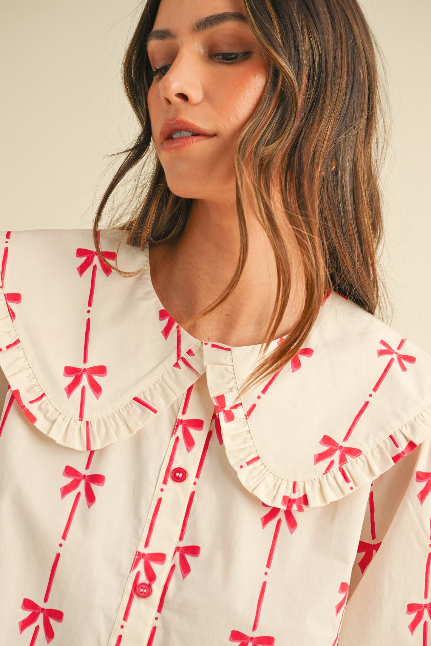 BOW PRINTED POPLIN BIG COLLAR BLOUSE - Brazos Avenue Market