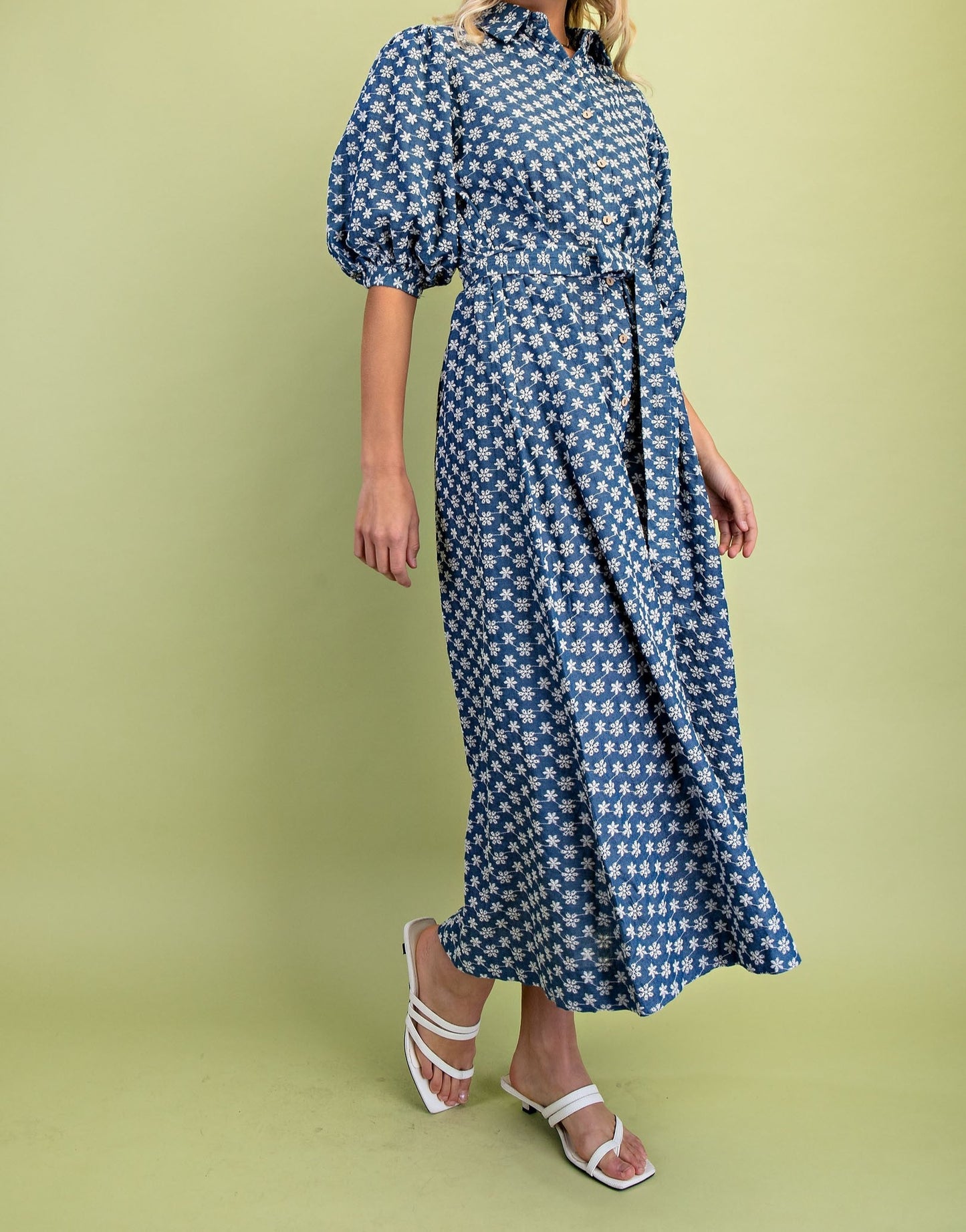 Floral Embroidery Denim Button Down Dress - Brazos Avenue Market