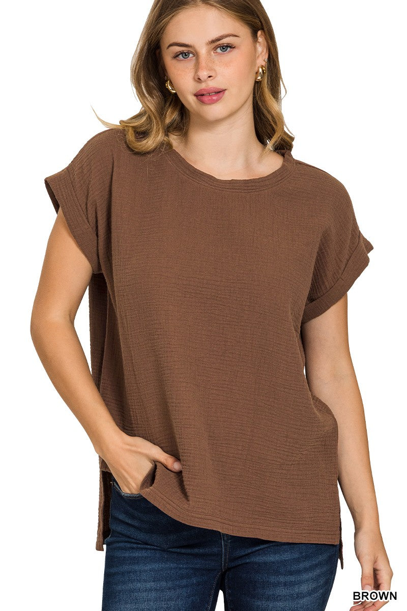 Round Neck Folded Sleeve Top - Brazos Avenue Market