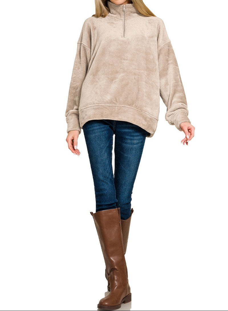 Faux Fur Half Zip Pocket Pullover