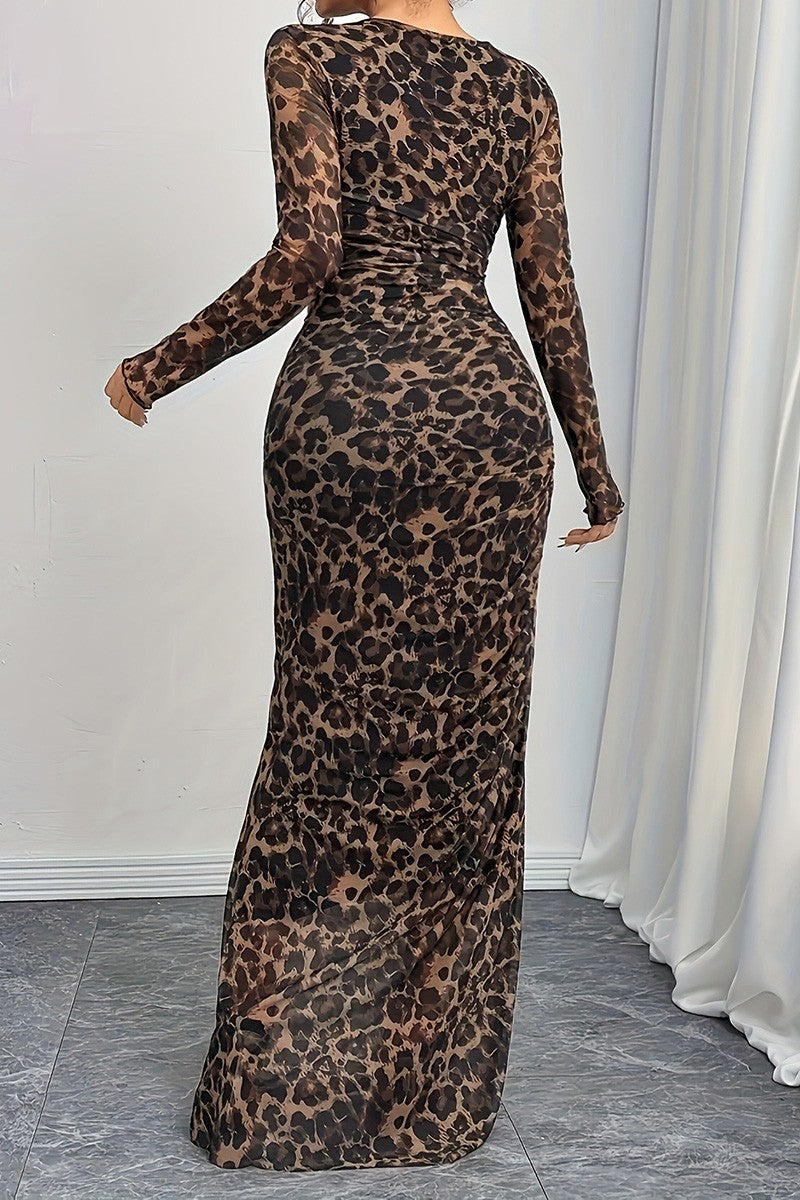 Leopard Print Slim-fit Sheer Bodycon Dress - Brazos Avenue Market