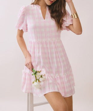 Gingham Print V Neck Mini Dress - Brazos Avenue Market