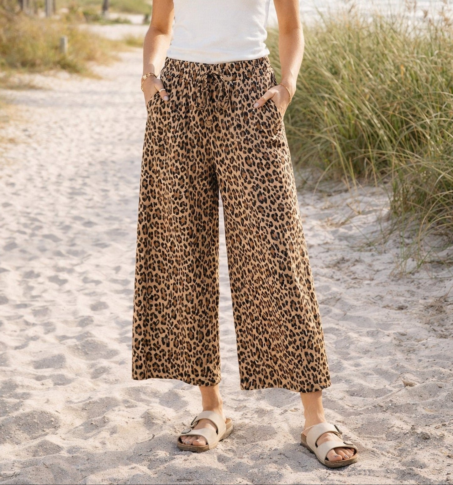 Leopard Print Rib Fabric Wide Leg Drawstring Pants - Brazos Avenue Market