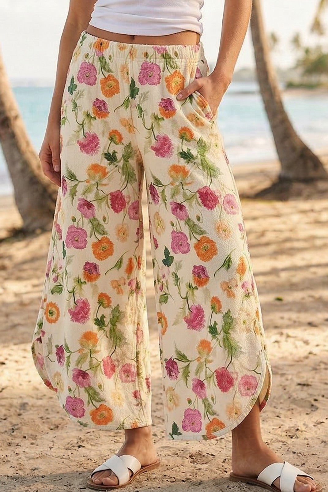 Floral Tulip Washed Denim Relaxed Fit Pants