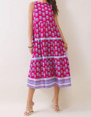Floral Tiered Sleeveless Round Neck Midi Dress