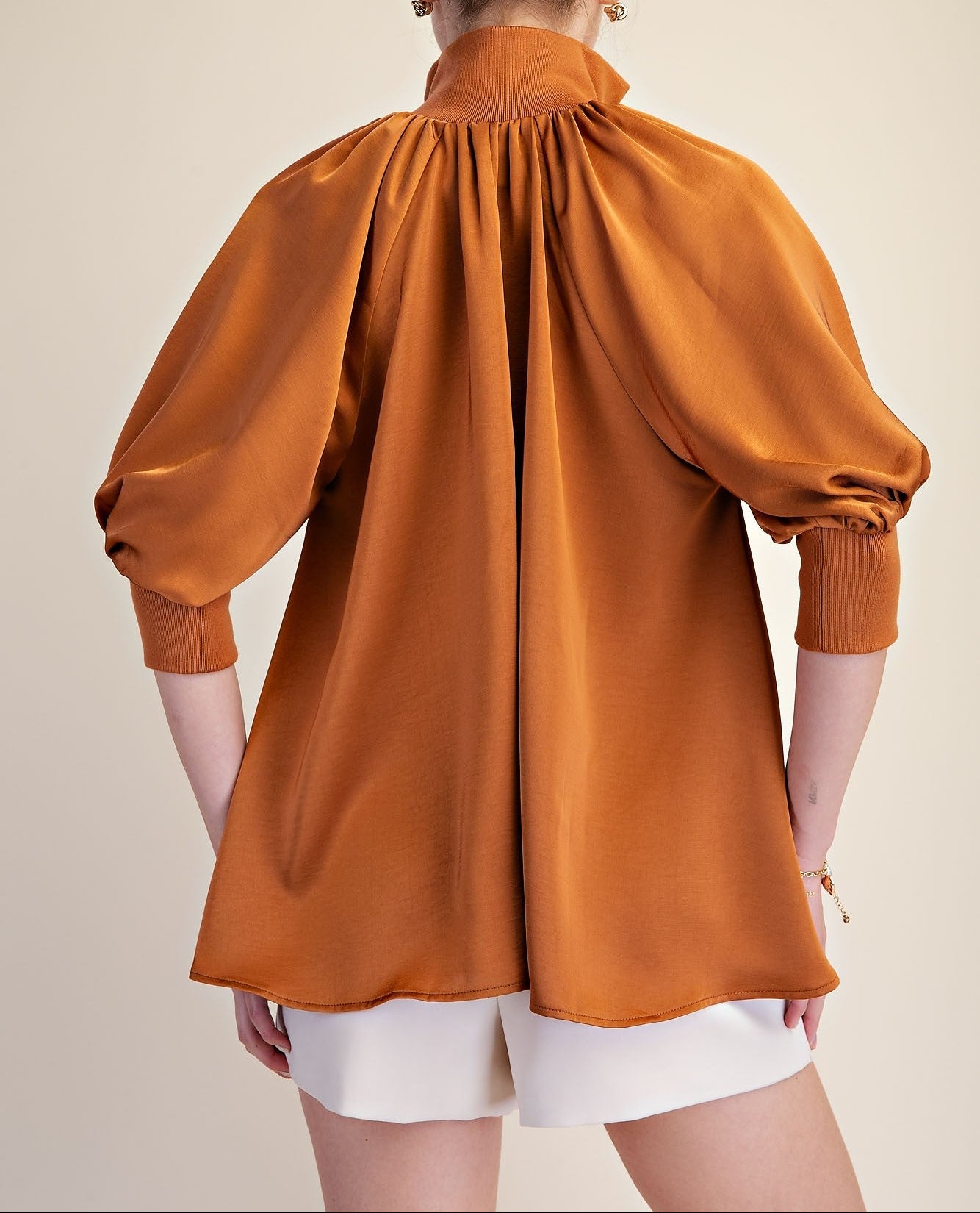 Rust Mock Neck Band Half Zip Puff Elbow Sleeve Blouse