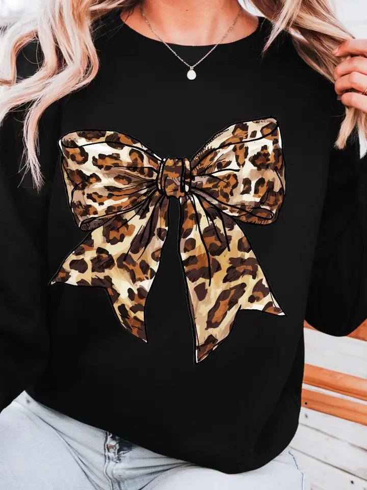 Leopard Bow Crewneck Sweatshirt - Brazos Avenue Market