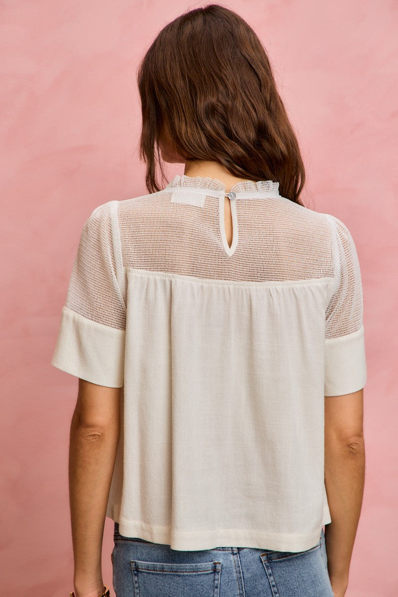 Linen Blend Lace Trim Short Sleeves Blouse Top - Brazos Avenue Market