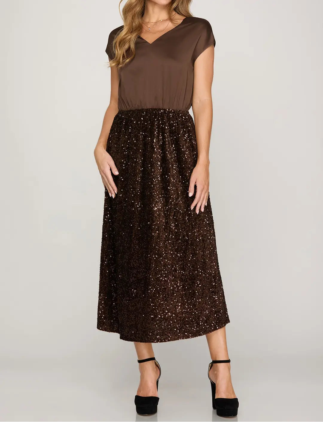 Drop Sleeve Sequin Midi Dress S Drop Sleeve Sequin Midi Dress S
