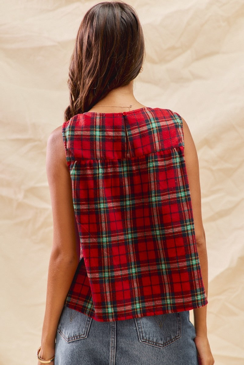 Christmas Checkered Plaid Sleeveless Top - Brazos Avenue Market