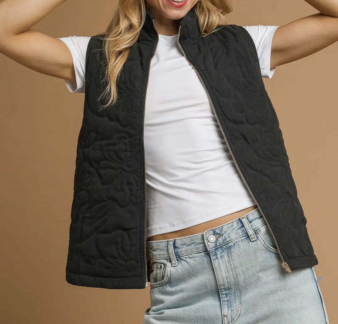 Quilted Floral Zip Vest | Brazos Avenue Market