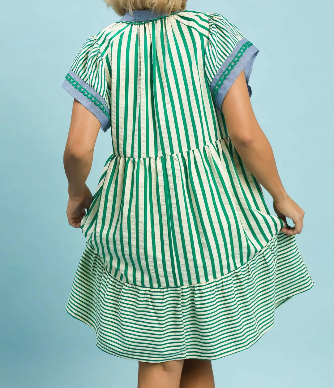 Plus Mixed Stripe Flutter Sleeve Tiered Babydoll Dress