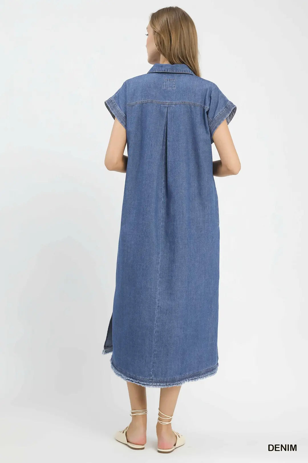 Stone Washed Collared Denim Midi Dress - Brazos Avenue Market