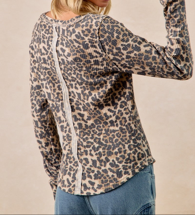 Leopard Print Washed Waffle Thermal Top - Brazos Avenue Market