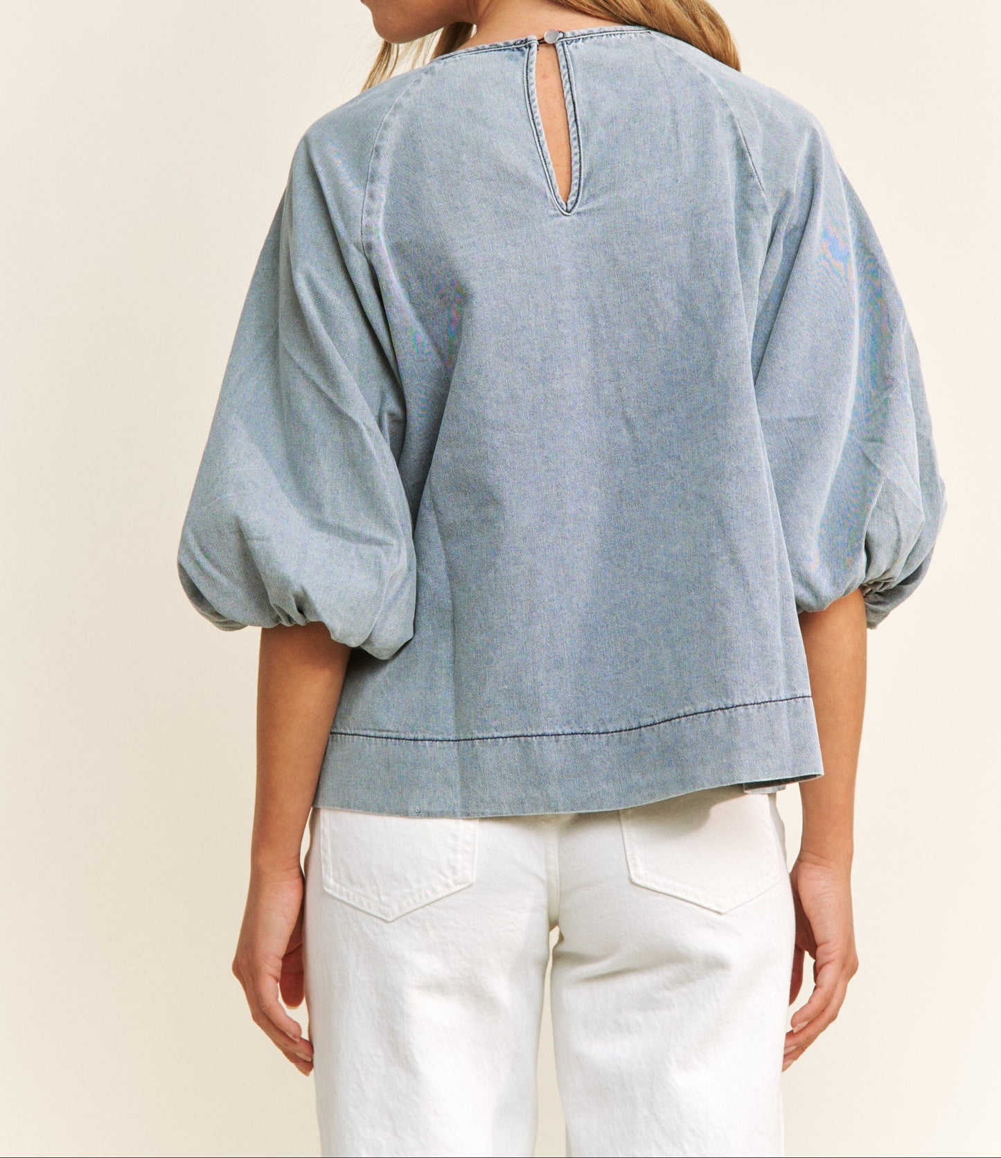 Babydoll Denim Top With Puff Sleeves - Brazos Avenue Market