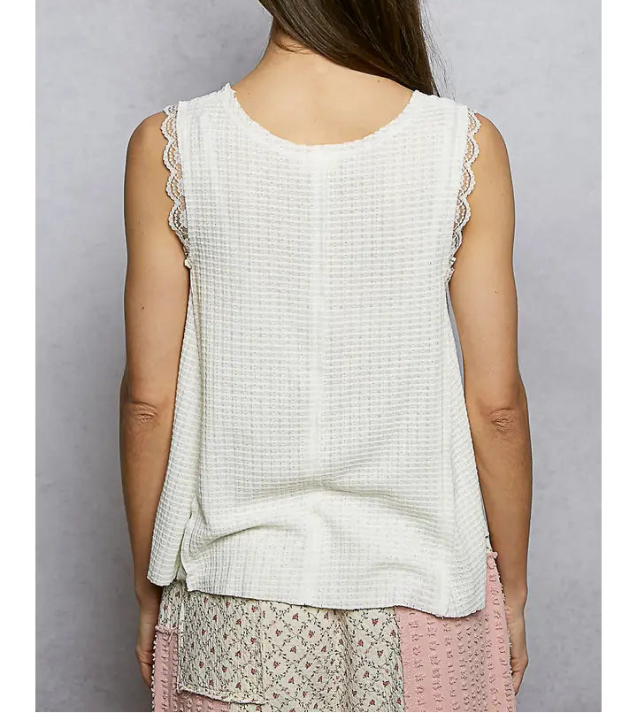Soft Textured Front Placket Wavy Lace Sleeveless Top - Brazos Avenue Market