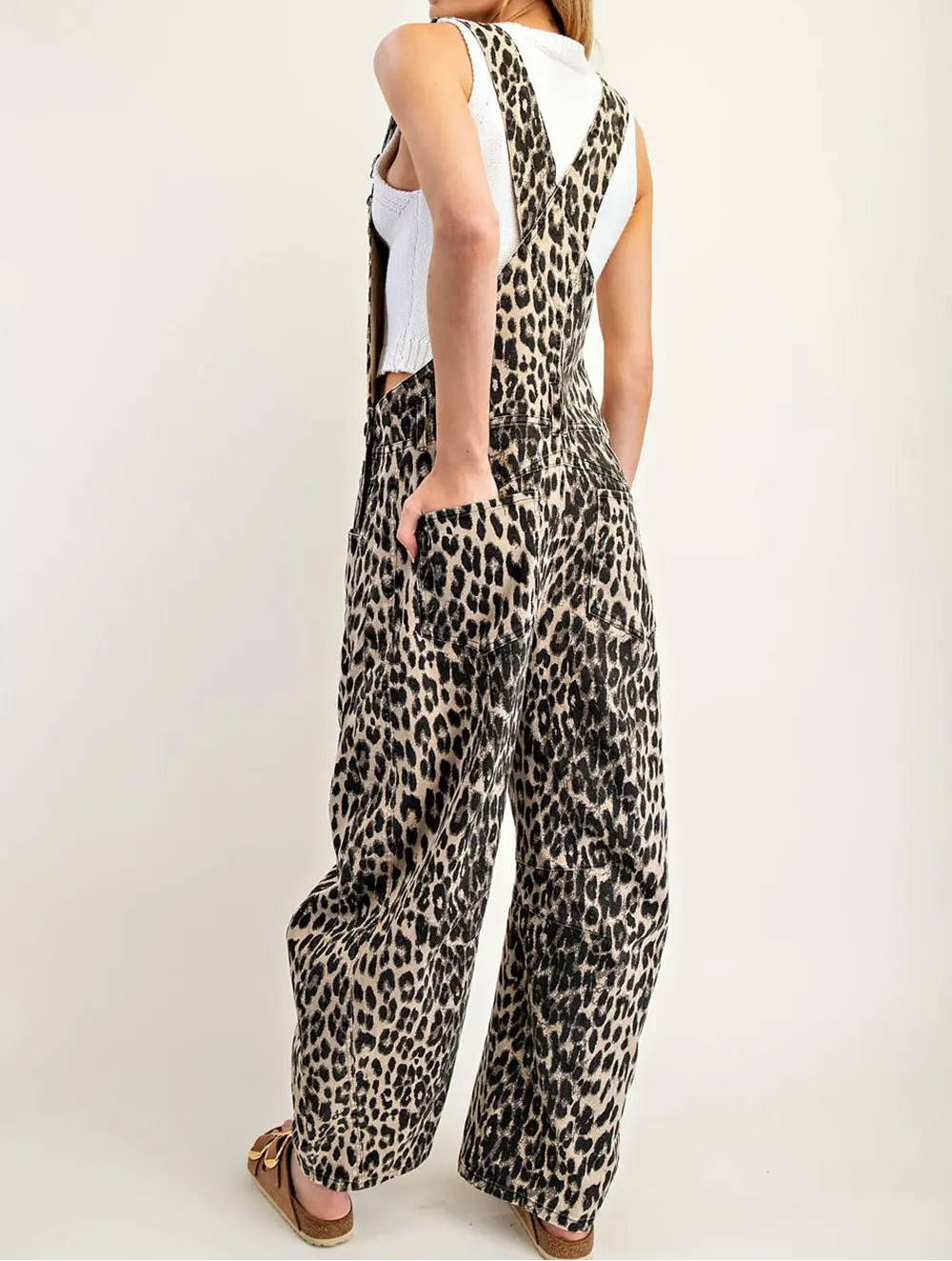 Leopard Printed Barrel Leg Overalls - Brazos Avenue Market