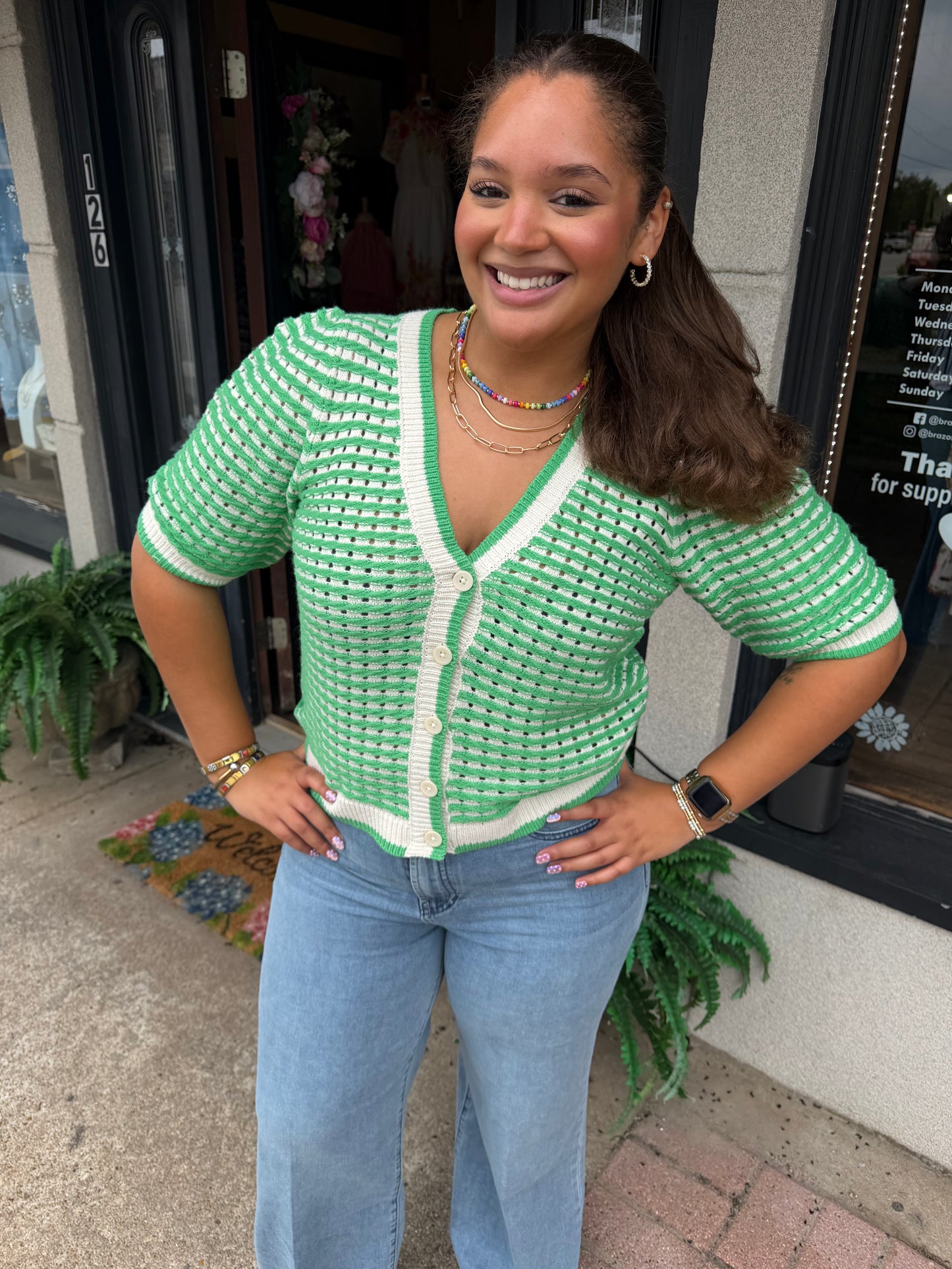 Ivory And Green Short Sleeve Knit Top - Brazos Avenue Market