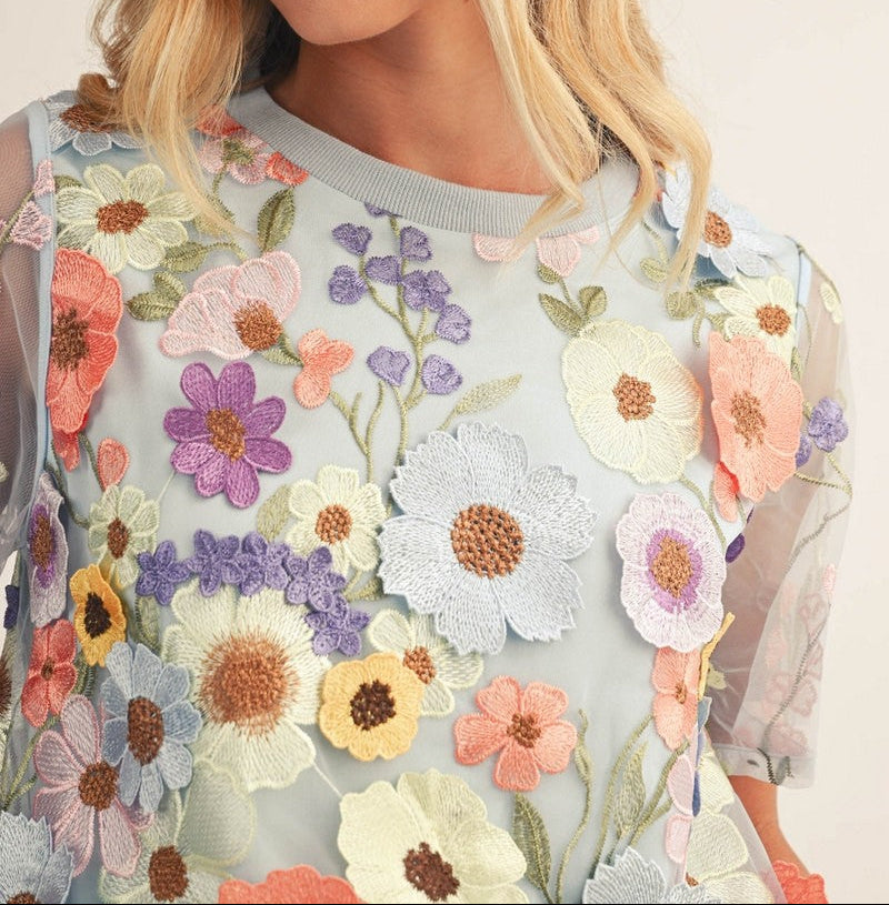 3d Floral Applique Sheer Mesh Layered Top