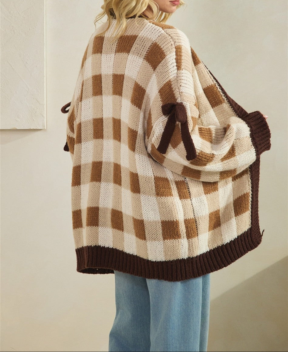 Checkered Cardigan With Ribbon Details - Brazos Avenue Market