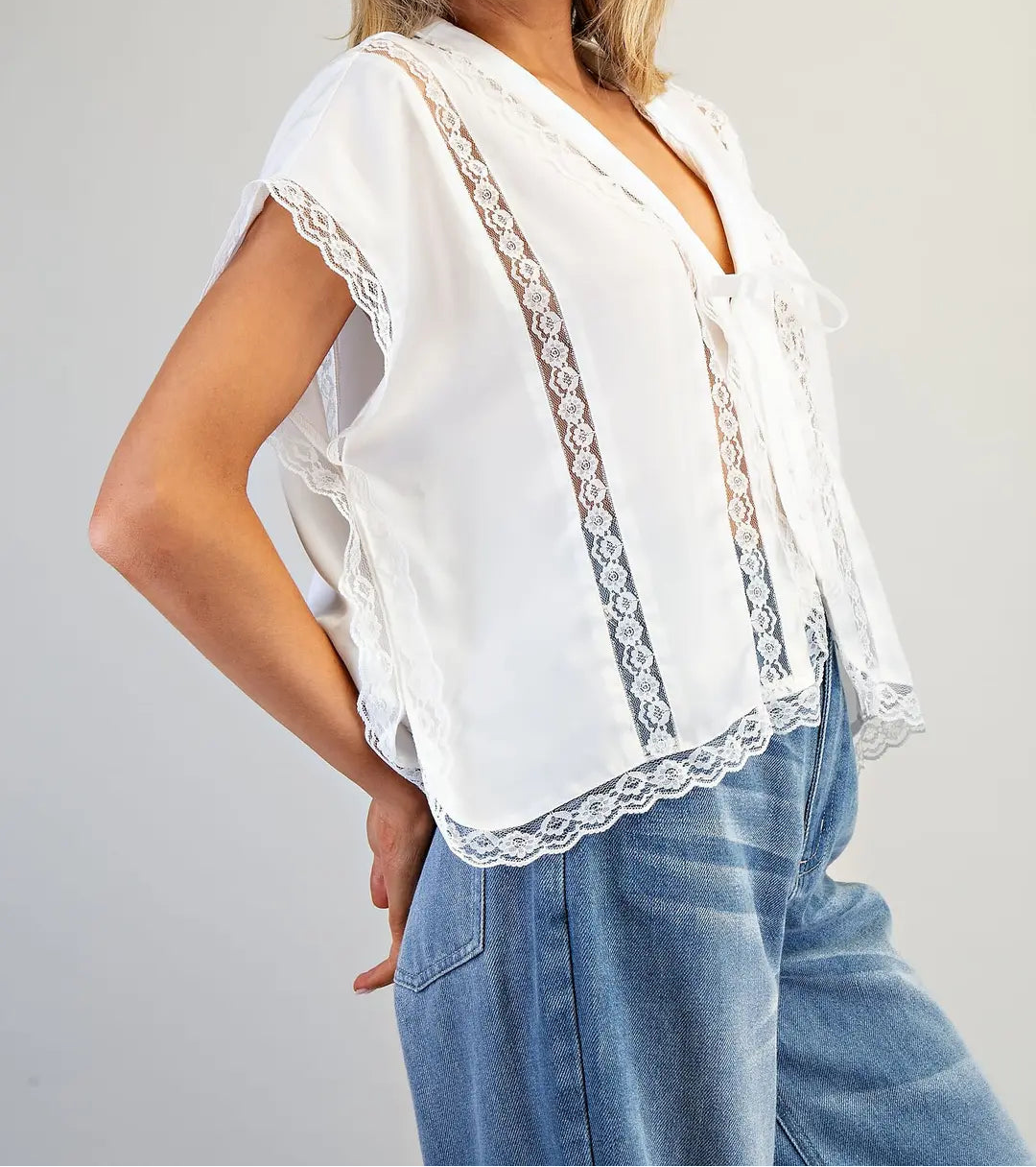V-Neck Lace Trim Blouse Top