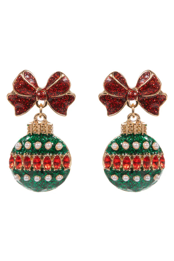 Red and Green Rhinestone Bow and Ornament Earring - Brazos Avenue Market