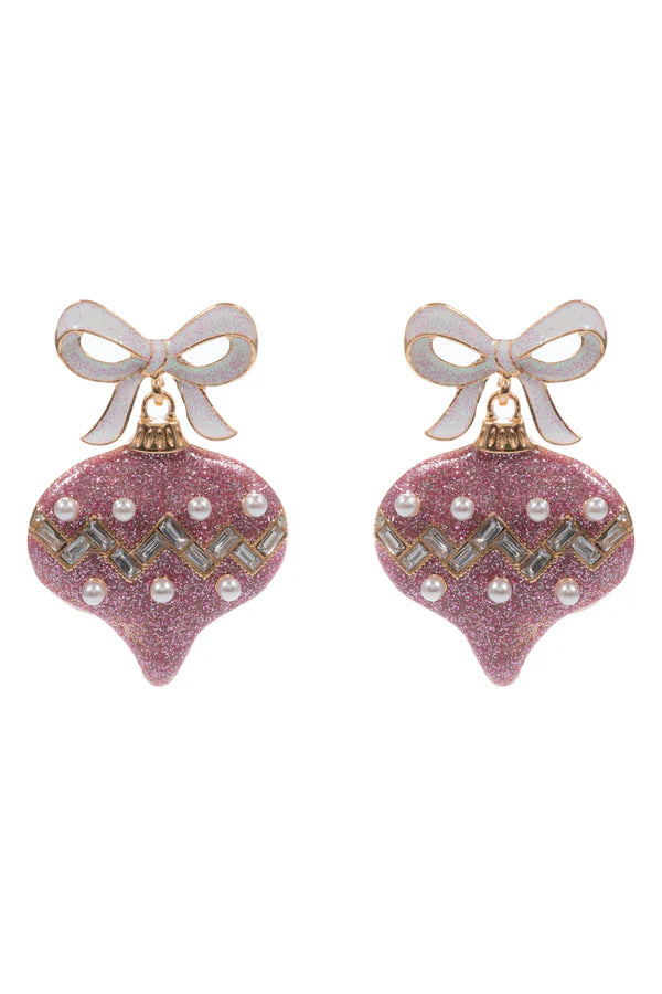 White Bow with Pink Glitter and Pearl Ornament Earring - Brazos Avenue Market