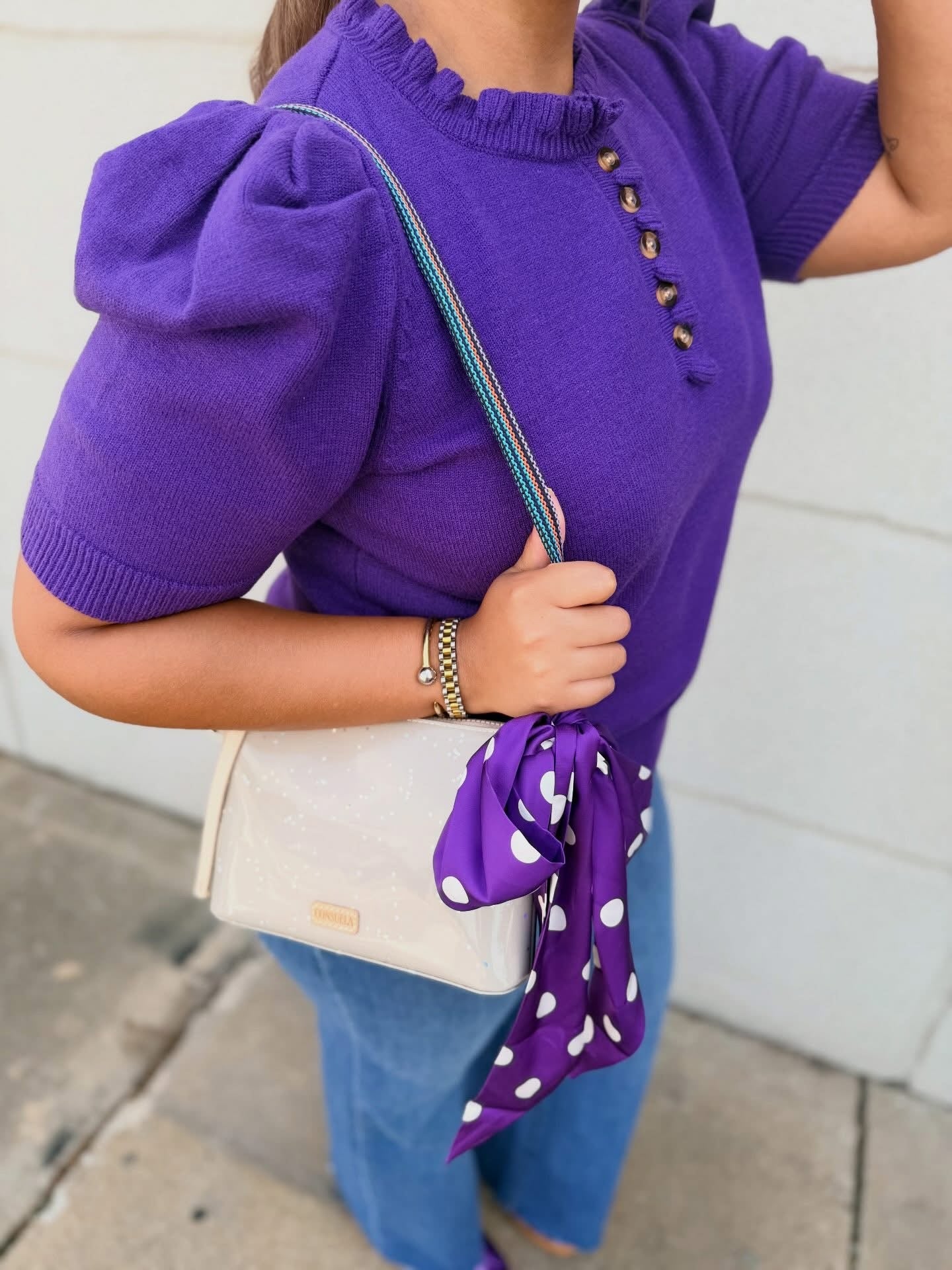 Purple Short Sleeve Sweater With Ruffle Neck