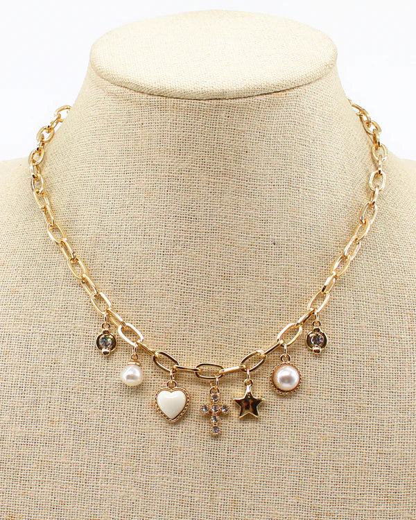 Gold Chain with Heart, Stars, and Cross 16"-18" Necklace - Brazos Avenue Market