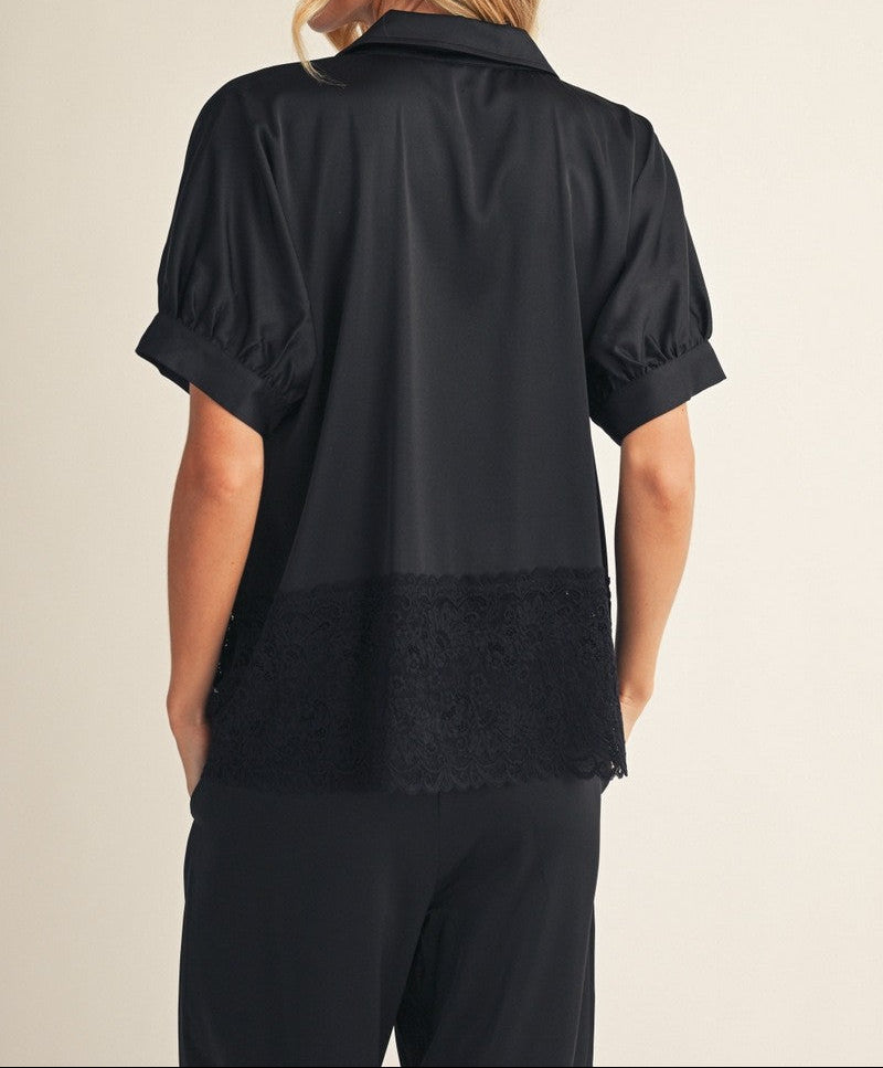 Lace Hem Detail Solid Satin Top