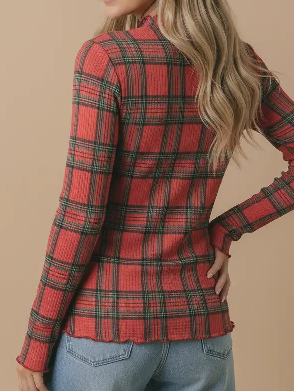 Plaid Mock Neck Frilled Merrow Hem Top