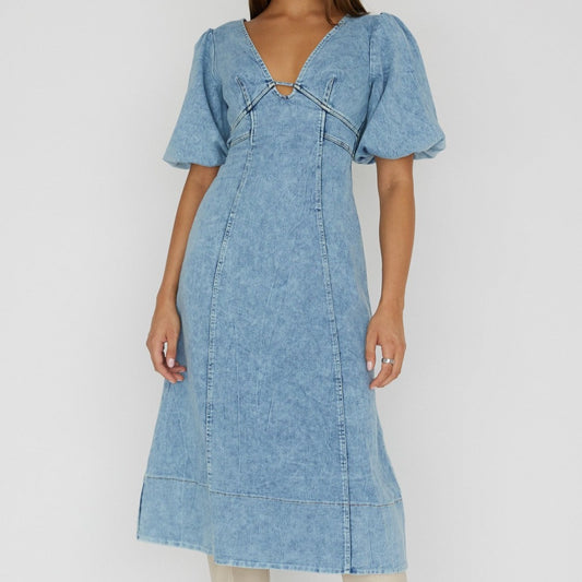 Denim Midi Dress With Puff Sleeves - Brazos Avenue Market 