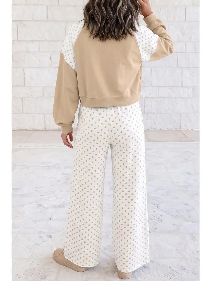 Polka Dot Patchwork Long Sleeve Casual Two Piece Set