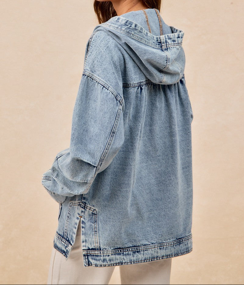 Half Buttoned Washed Denim Hoodie - Brazos Avenue Market