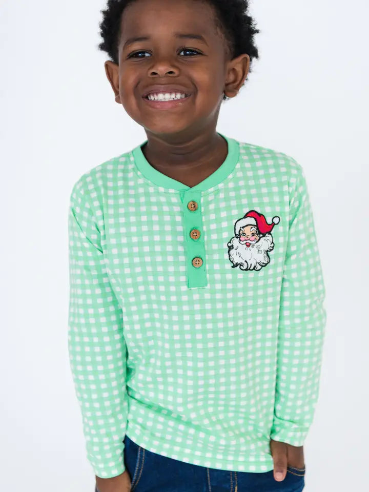 Boys Dear Santa Green Gingham Knit Long Sleeve Embroidered Henley Tee - Brazos Avenue Market