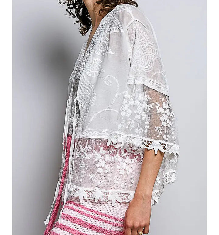 Lace Ruffle Trim Opening Solid Crochet Cardigan OS