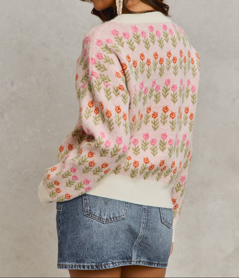 Flower Patterned Loose Fit Pullover Sweater Top