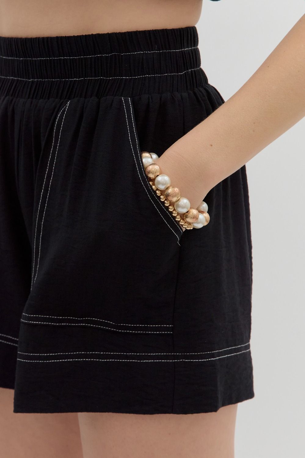 High Waisted Pull On Shorts With Contrast Stitching - Brazos Avenue Market